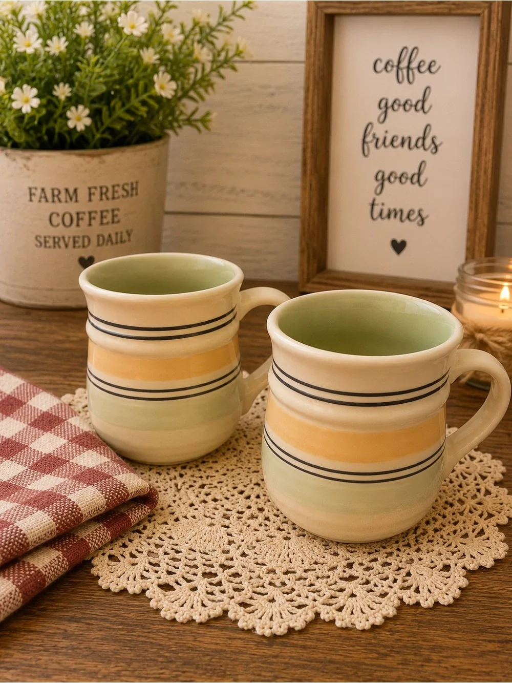 2 piece Vintage Pfaltzgraff Key Largo Striped Stoneware Mugs